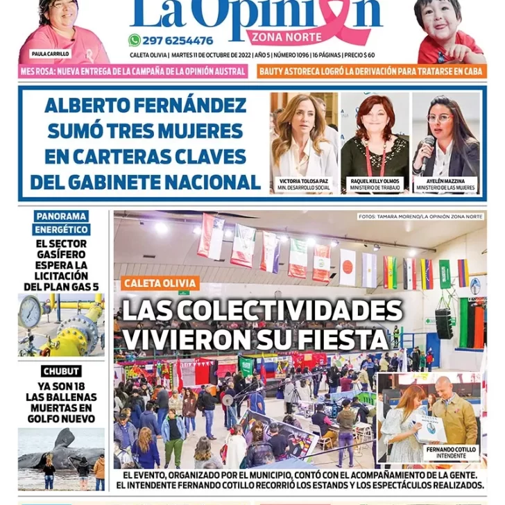 Diario La Opinión Zona Norte tapa edición impresa del martes 11 octubre de 2022 Caleta Olivia, Santa Cruz, Argentina