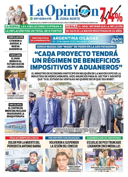 Diario La Opinión Zona Norte tapa edición impresa del viernes 12 de agosto de 2022 Caleta Olivia, Santa Cruz, Argentina