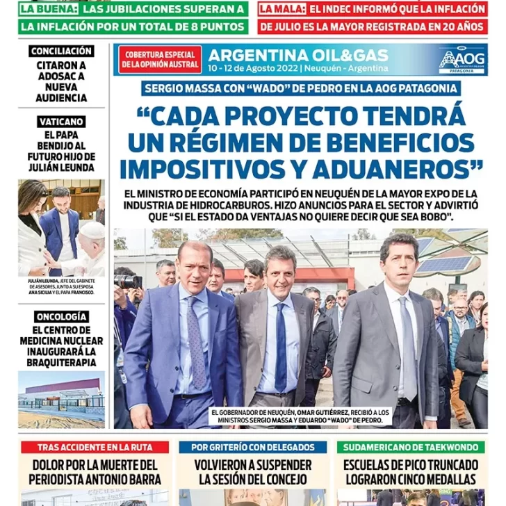Diario La Opinión Zona Norte tapa edición impresa del viernes 12 de agosto de 2022 Caleta Olivia, Santa Cruz, Argentina