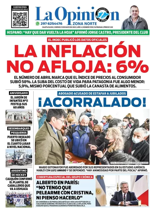 Diario La Opinión Zona Norte tapa edición impresa del viernes 13 de mayo de 2022 Caleta Olivia, Santa Cruz, Argentina