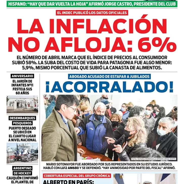 Diario La Opinión Zona Norte tapa edición impresa del viernes 13 de mayo de 2022 Caleta Olivia, Santa Cruz, Argentina