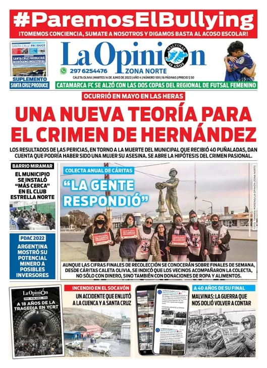 Diario La Opinión Zona Norte tapa edición impresa del martes 14 de junio de 2022 Caleta Olivia, Santa Cruz, Argentina
