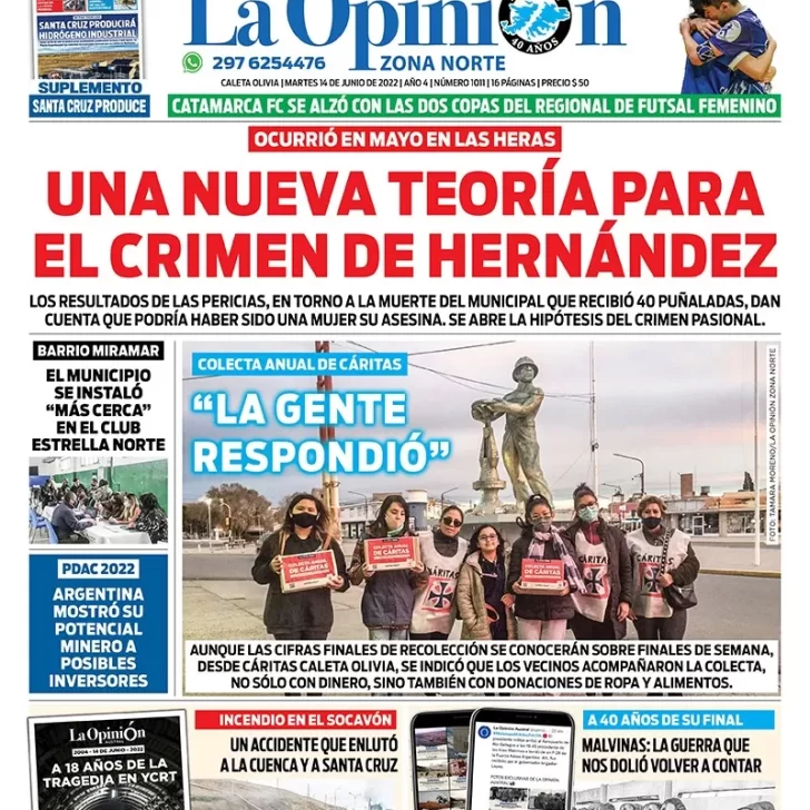 Diario La Opinión Zona Norte tapa edición impresa del martes 14 de junio de 2022 Caleta Olivia, Santa Cruz, Argentina