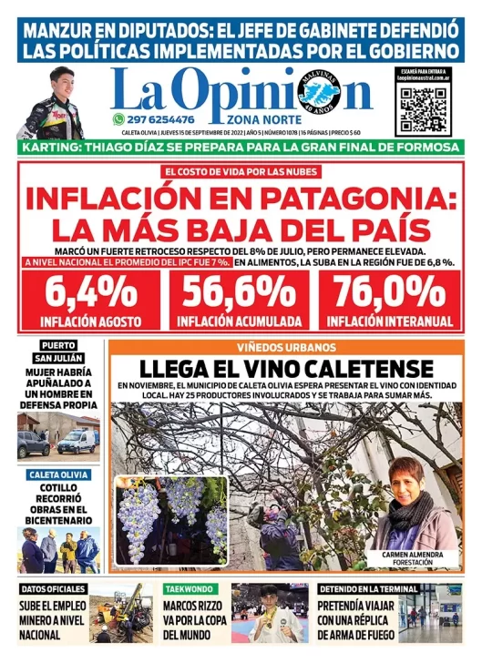 Diario La Opinión Zona Norte tapa edición impresa del jueves 15 de septiembre de 2022 Caleta Olivia, Santa Cruz, Argentina