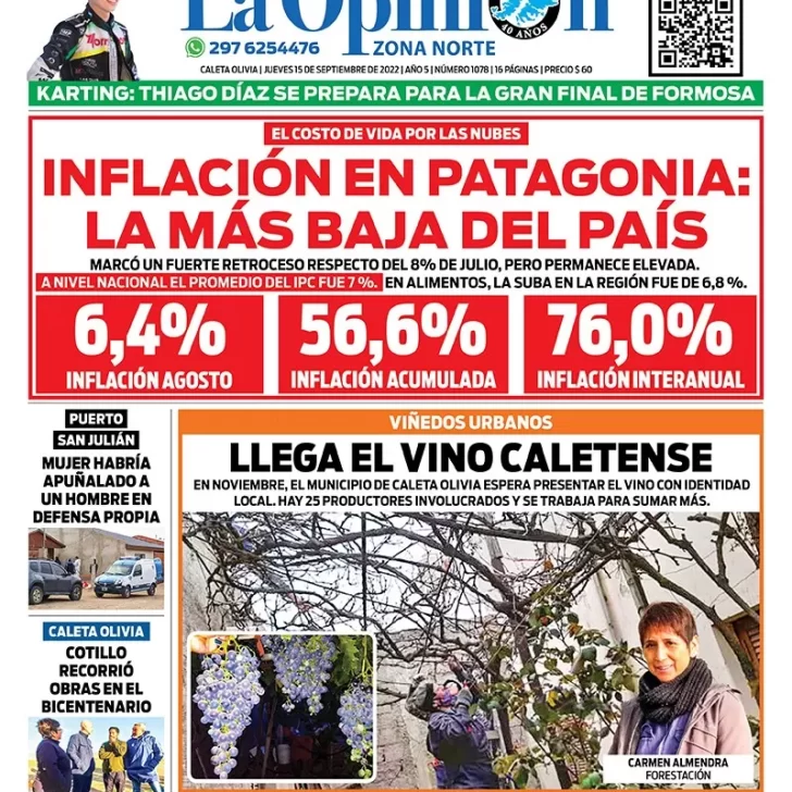 Diario La Opinión Zona Norte tapa edición impresa del jueves 15 de septiembre de 2022 Caleta Olivia, Santa Cruz, Argentina