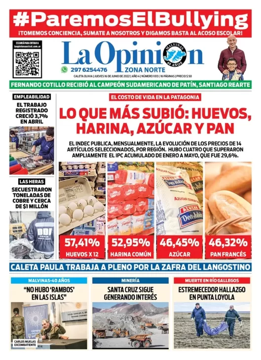 Diario La Opinión Zona Norte tapa edición impresa del jueves 16 de junio de 2022 Caleta Olivia, Santa Cruz, Argentina