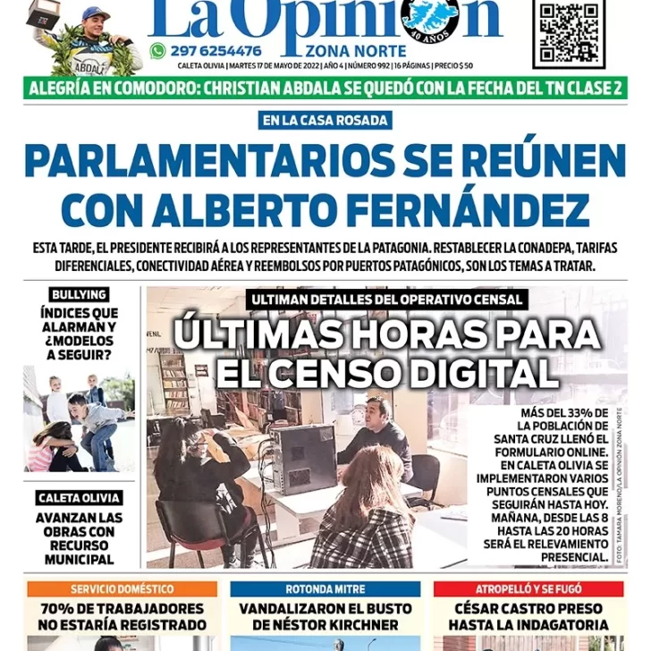 Diario La Opinión Zona Norte tapa edición impresa del martes 17 de mayo de 2022 Caleta Olivia, Santa Cruz, Argentina
