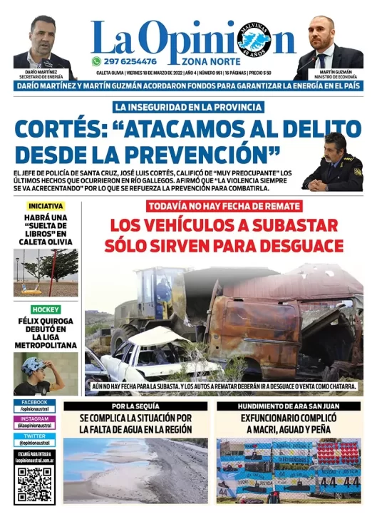 Diario La Opinión Austral Zona Norte tapa edición impresa del viernes 18 de marzo de 2022 Caleta Olivia, Santa Cruz, Argentina