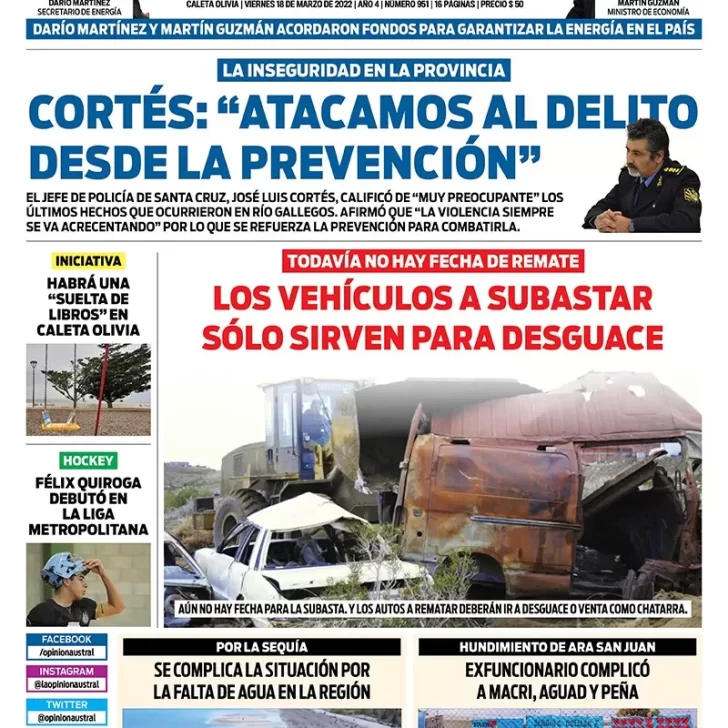 Diario La Opinión Austral Zona Norte tapa edición impresa del viernes 18 de marzo de 2022 Caleta Olivia, Santa Cruz, Argentina