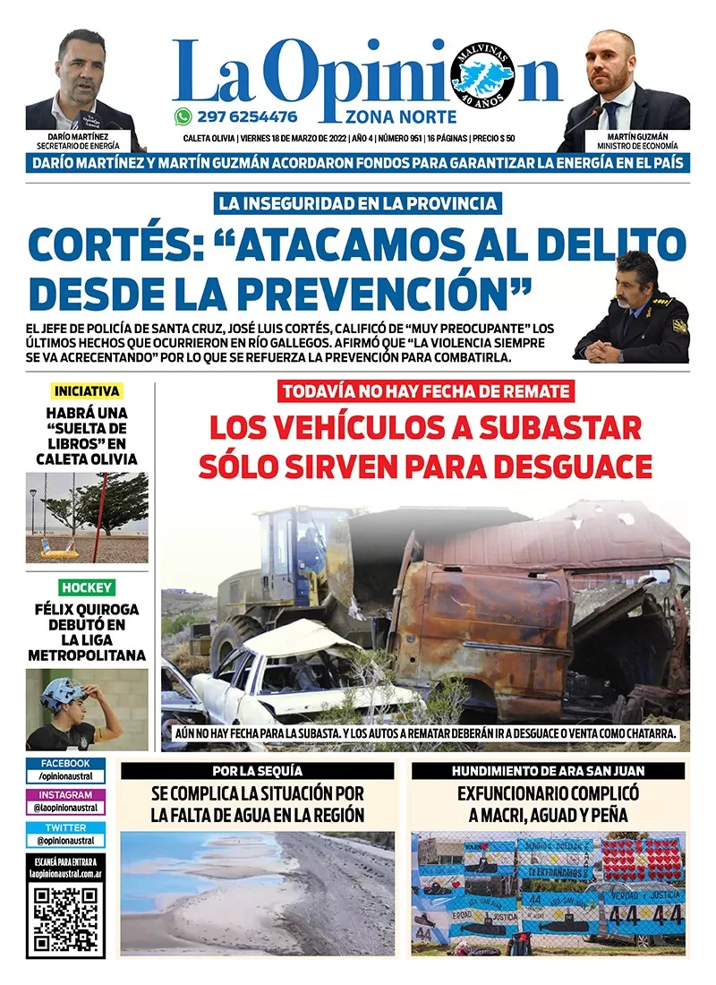 Diario La Opinión Austral Zona Norte tapa edición impresa del viernes 18 de marzo de 2022 Caleta Olivia, Santa Cruz, Argentina