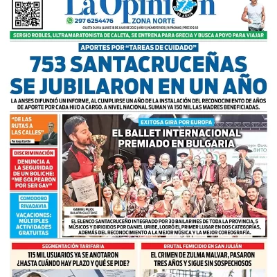 Diario La Opinión Zona Norte tapa edición impresa del lunes 18 de julio de 2022 Caleta Olivia, Santa Cruz, Argentina