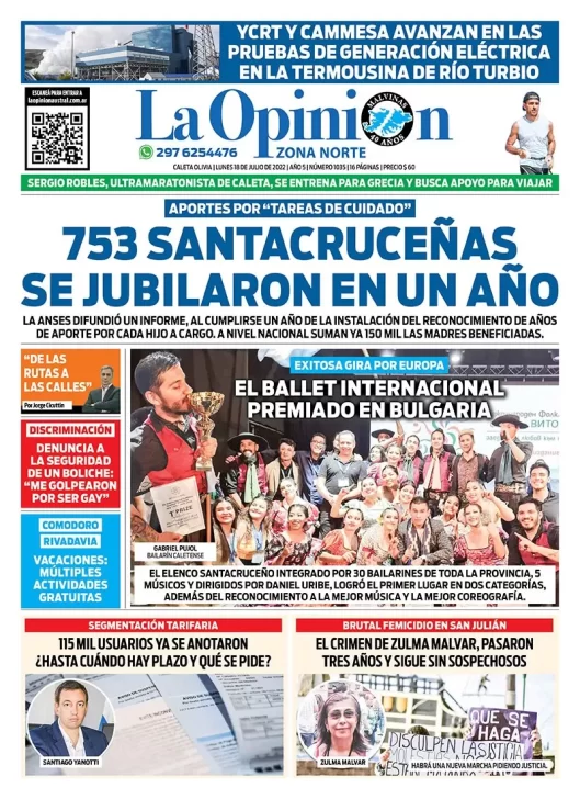 Diario La Opinión Zona Norte tapa edición impresa del lunes 18 de julio de 2022 Caleta Olivia, Santa Cruz, Argentina