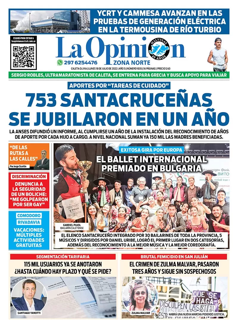 Diario La Opinión Zona Norte tapa edición impresa del lunes 18 de julio de 2022 Caleta Olivia, Santa Cruz, Argentina Diario La Opinión Zona Norte tapa edición impresa del lunes 18 de julio de 2022 Caleta Olivia, Santa Cruz, Argentina