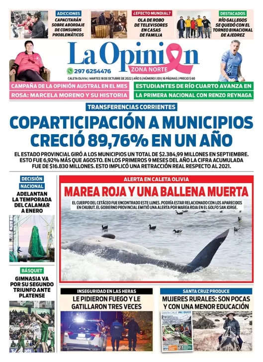Diario La Opinión Zona Norte tapa edición impresa del martes 18 de octubre de 2022 Caleta Olivia, Santa Cruz, Argentina