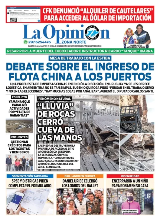 Diario La Opinión Zona Norte tapa edición impresa del martes 19 de julio de 2022 Caleta Olivia, Santa Cruz, Argentina