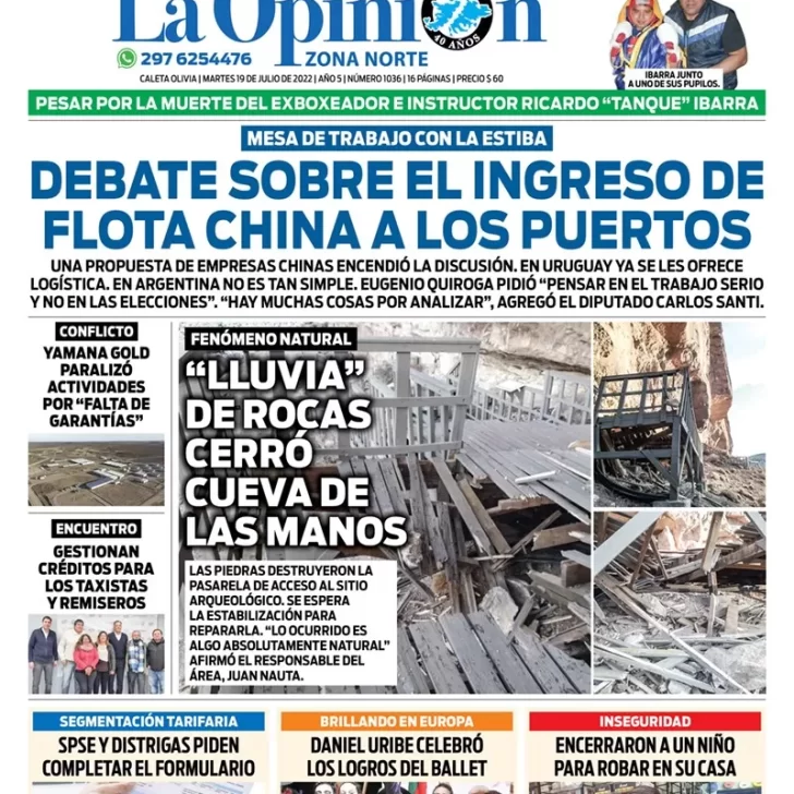 Diario La Opinión Zona Norte tapa edición impresa del martes 19 de julio de 2022 Caleta Olivia, Santa Cruz, Argentina Diario La Opinión Zona Norte tapa edición impresa del martes 19 de julio de 2022 Caleta Olivia, Santa Cruz, Argentina