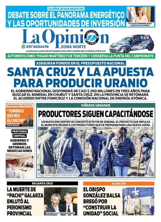 Diario La Opinión Zona Norte tapa edición impresa del lunes 19 de septiembre de 2022 Caleta Olivia, Santa Cruz, Argentina