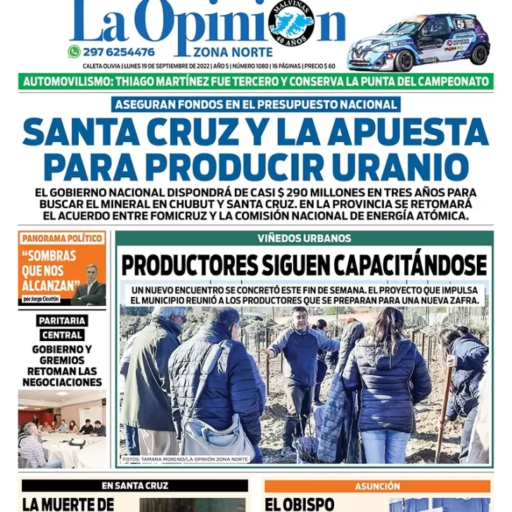 Diario La Opinión Zona Norte tapa edición impresa del lunes 19 de septiembre de 2022 Caleta Olivia, Santa Cruz, Argentina