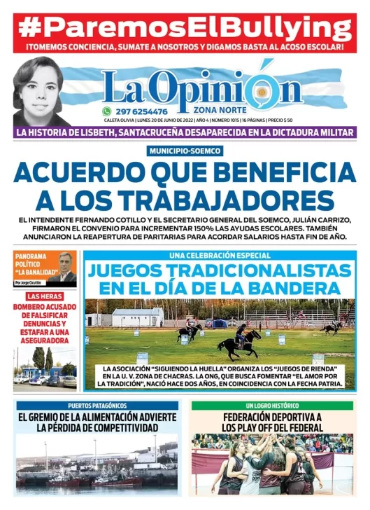 Diario La Opinión Zona Norte tapa edición impresa del lunes 20 de junio de 2022 Caleta Olivia, Santa Cruz, Argentina