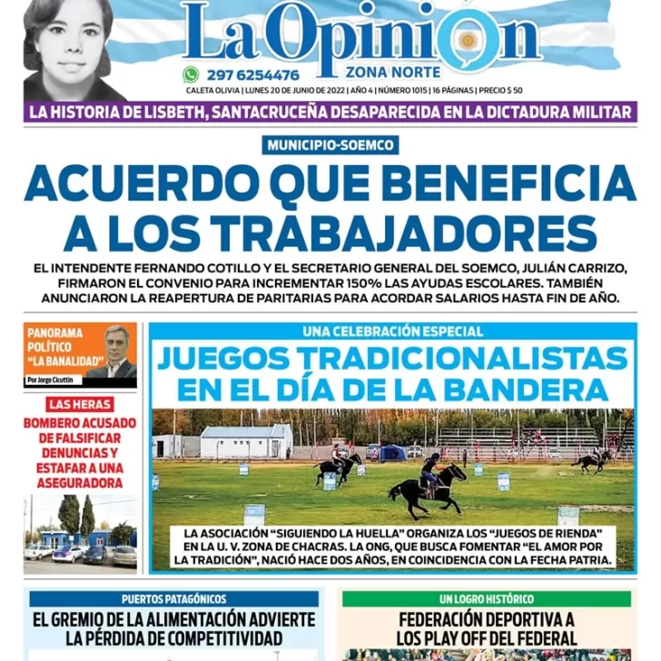 Diario La Opinión Zona Norte tapa edición impresa del lunes 20 de junio de 2022 Caleta Olivia, Santa Cruz, Argentina