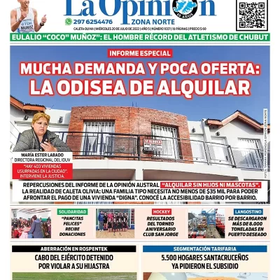 Diario La Opinión Zona Norte tapa edición impresa del miércoles 20 de julio de 2022 Caleta Olivia, Santa Cruz, Argentina