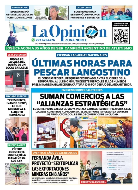 Diario La Opinión Zona Norte tapa edición impresa del martes 20 de septiembre de 2022 Caleta Olivia, Santa Cruz, Argentina
