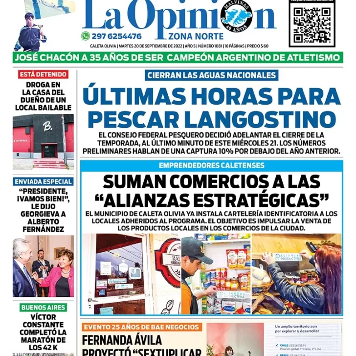 Diario La Opinión Zona Norte tapa edición impresa del martes 20 de septiembre de 2022 Caleta Olivia, Santa Cruz, Argentina