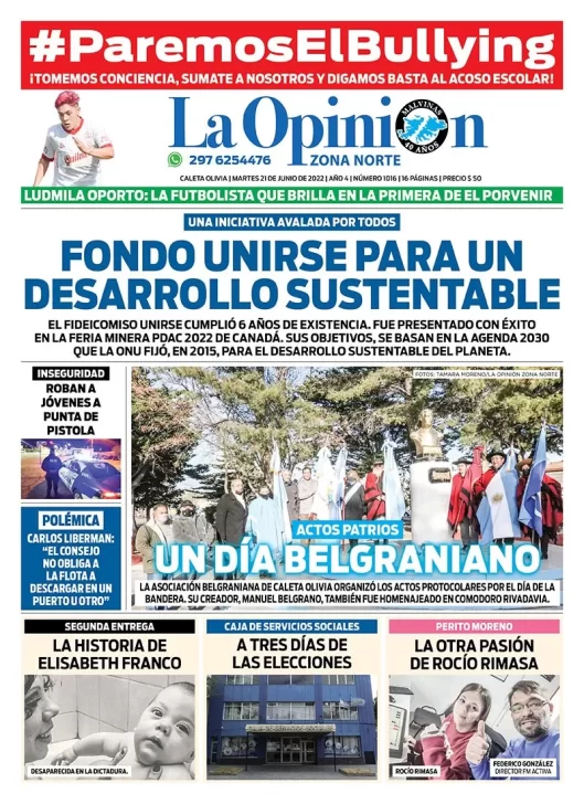 Diario La Opinión Zona Norte tapa edición impresa del martes 21 de junio de 2022 Caleta Olivia, Santa Cruz, Argentina