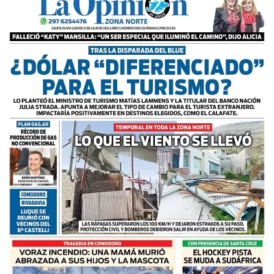 Diario La Opinión Zona Norte tapa edición impresa del jueves 21 de julio de 2022 Caleta Olivia, Santa Cruz, Argentina