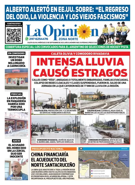 Diario La Opinión Zona Norte tapa edición impresa del miércoles 21 de septiembre de 2022 Caleta Olivia, Santa Cruz, Argentina
