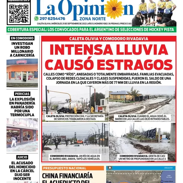 Diario La Opinión Zona Norte tapa edición impresa del miércoles 21 de septiembre de 2022 Caleta Olivia, Santa Cruz, Argentina
