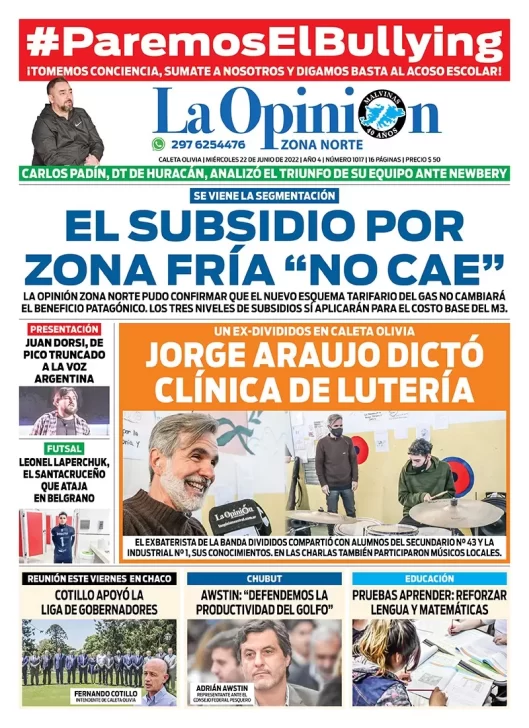 Diario La Opinión Zona Norte tapa edición impresa del miércoles 22 de junio de 2022 Caleta Olivia, Santa Cruz, Argentina