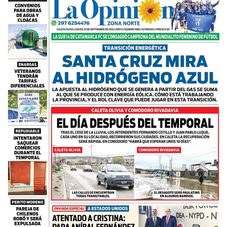 Diario La Opinión Zona Norte tapa edición impresa del jueves 22 de septiembre de 2022 Caleta Olivia, Santa Cruz, Argentina