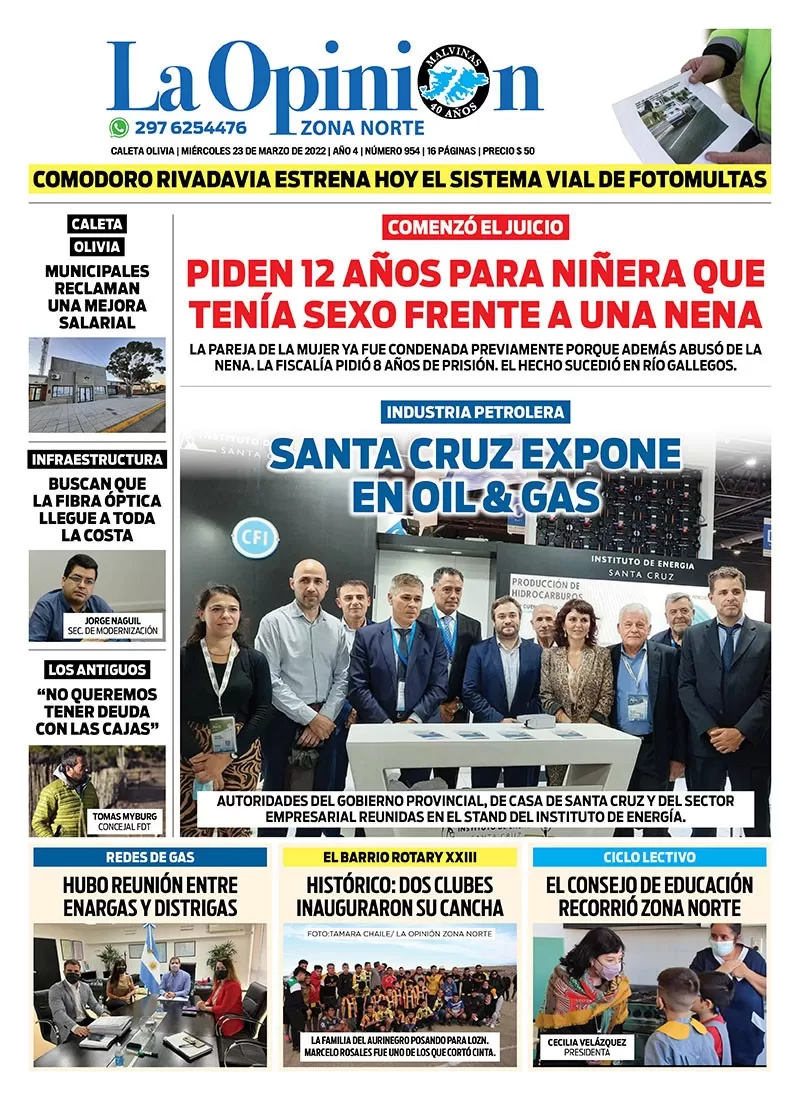 Diario La Opinión Austral Zona Norte tapa edición impresa del miércoles 23  de marzo de 2022 Caleta Olivia, Santa Cruz, Argentina | La Opinión Austral