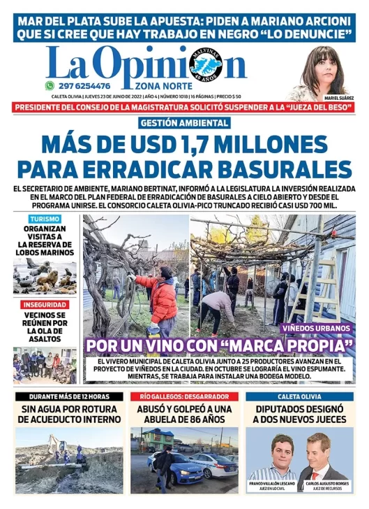 Diario La Opinión Zona Norte tapa edición impresa del jueves 23 de junio de 2022 Caleta Olivia, Santa Cruz, Argentina