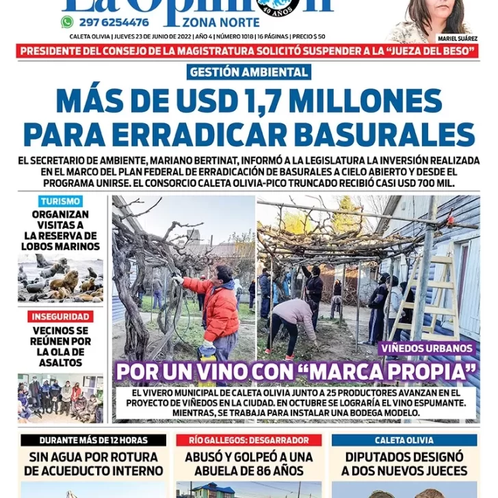 Diario La Opinión Zona Norte tapa edición impresa del jueves 23 de junio de 2022 Caleta Olivia, Santa Cruz, Argentina