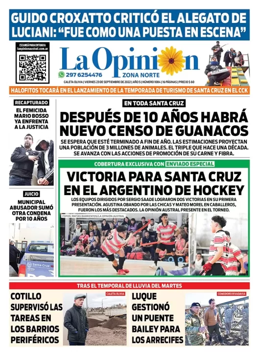 Diario La Opinión Zona Norte tapa edición impresa del viernes 23 de septiembre de 2022 Caleta Olivia, Santa Cruz, Argentina