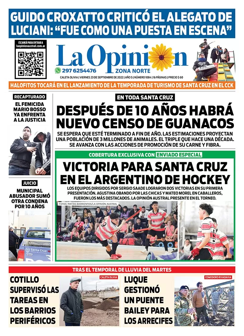 Diario La Opinión Zona Norte tapa edición impresa del viernes 23 de septiembre de 2022 Caleta Olivia, Santa Cruz, Argentina