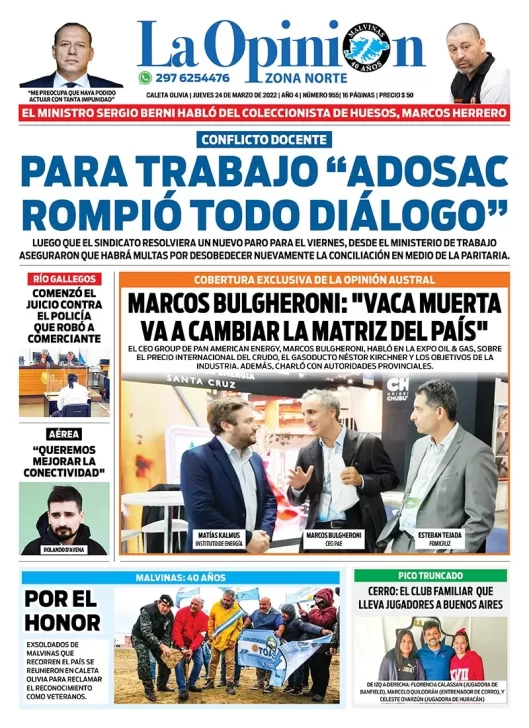 Diario La Opinión Austral Zona Norte tapa edición impresa del jueves 24 de marzo de 2022 Caleta Olivia, Santa Cruz, Argentina