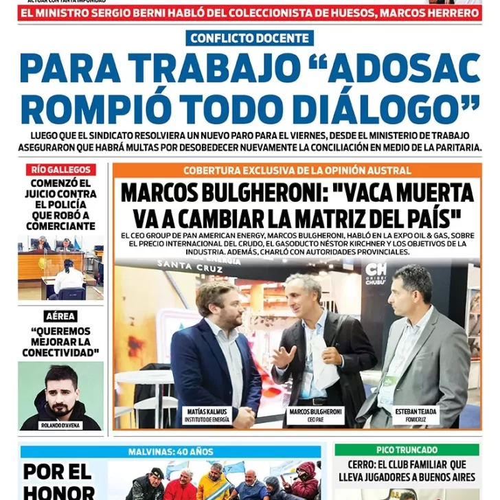 Diario La Opinión Austral Zona Norte tapa edición impresa del jueves 24 de marzo de 2022 Caleta Olivia, Santa Cruz, Argentina