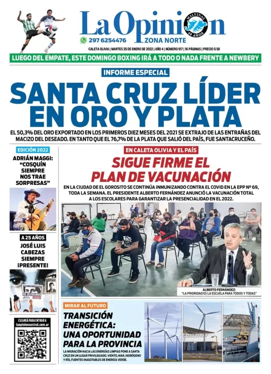 Diario La Opinión Zona Norte tapa edición impresa del 25 de enero de 2022, Caleta Olivia, Santa Cruz, Argentina
