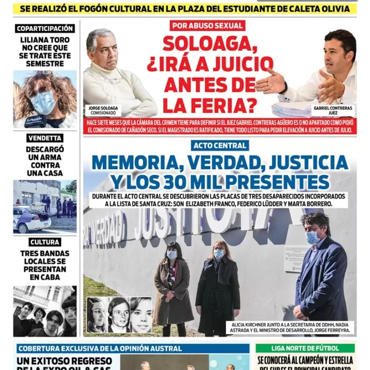Diario La Opinión Austral Zona Norte tapa edición impresa del viernes 25 de marzo de 2022 Caleta Olivia, Santa Cruz, Argentina