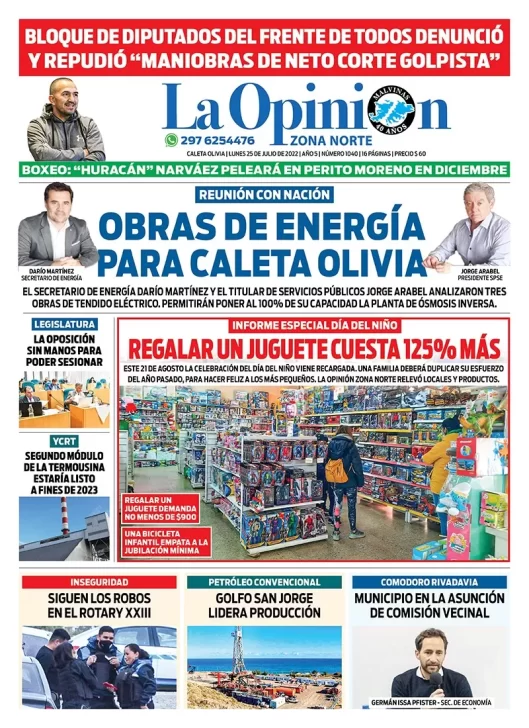 Diario La Opinión Zona Norte tapa edición impresa del lunes 25 de julio de 2022 Caleta Olivia, Santa Cruz, Argentina