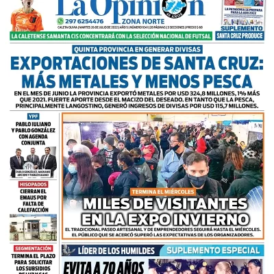 Diario La Opinión Zona Norte tapa edición impresa del martes 26 de julio de 2022 Caleta Olivia, Santa Cruz, Argentina