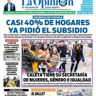 Diario La Opinión Zona Norte tapa edición impresa del miércoles 27 de julio de 2022 Caleta Olivia, Santa Cruz, Argentina