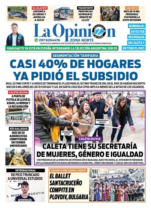 Diario La Opinión Zona Norte tapa edición impresa del miércoles 27 de julio de 2022 Caleta Olivia, Santa Cruz, Argentina