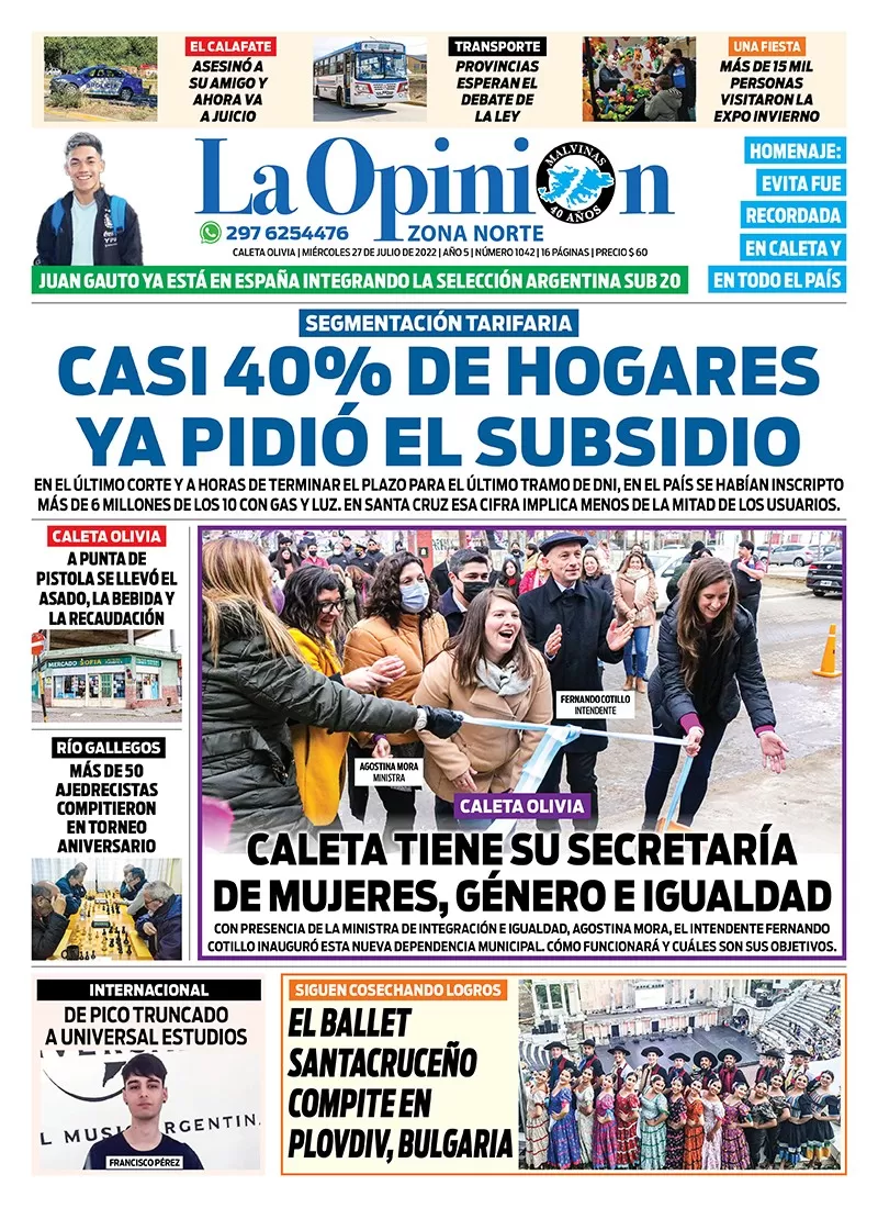 Diario La Opinión Zona Norte tapa edición impresa del miércoles 27 de julio de 2022 Caleta Olivia, Santa Cruz, Argentina Diario La Opinión Zona Norte tapa edición impresa del miércoles 27 de julio de 2022 Caleta Olivia, Santa Cruz, Argentina