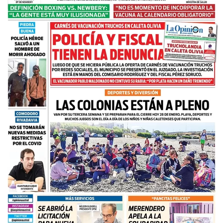 Diario La Opinión Zona Norte tapa edición impresa del 28 de enero de 2022, Caleta Olivia, Santa Cruz, Argentina Diario La Opinión Zona Norte tapa edición impresa del 28 de enero de 2022, Caleta Olivia, Santa Cruz, Argentina