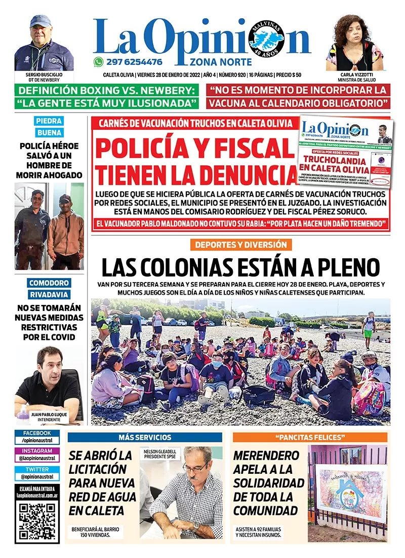 Diario La Opinión Zona Norte tapa edición impresa del 28 de enero de 2022, Caleta Olivia, Santa Cruz, Argentina Diario La Opinión Zona Norte tapa edición impresa del 28 de enero de 2022, Caleta Olivia, Santa Cruz, Argentina