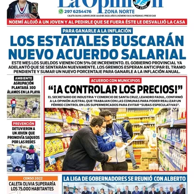 Diario La Opinión Zona Norte tapa edición impresa del jueves 28 de julio de 2022 Caleta Olivia, Santa Cruz, Argentina